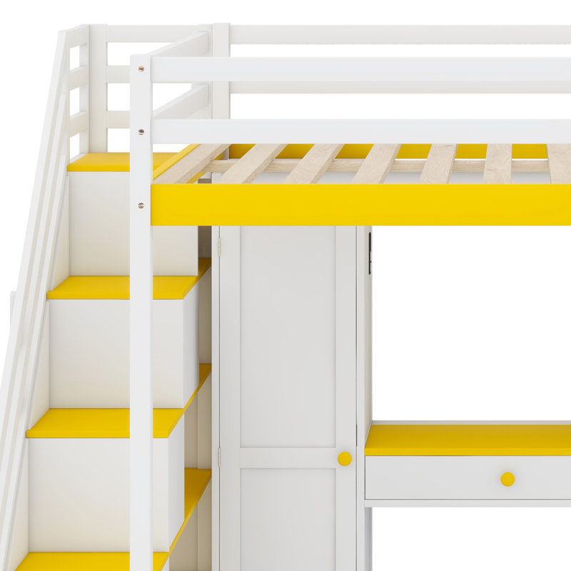 Lit mezzanine avec escalier de rangement, commode intégrée, garde-robe et fonctions intelligentes de charge et d'éclairage