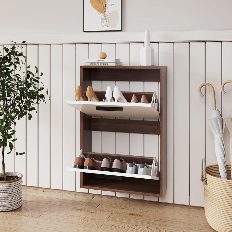 Shoe Cabinet , Wall Mounted Shoe Organizer With 2 Flip Drawers, Walnut/White, 29.5" H x 25.6" W x 6.3" D