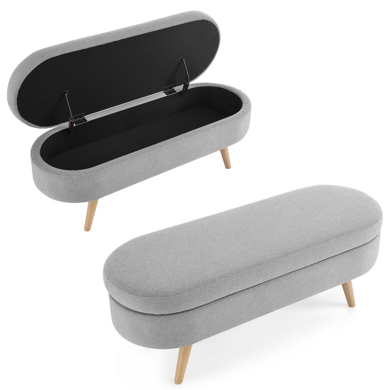 Ottoman Oval Storage Bench with Rubber Wood Legs, Gray Linen