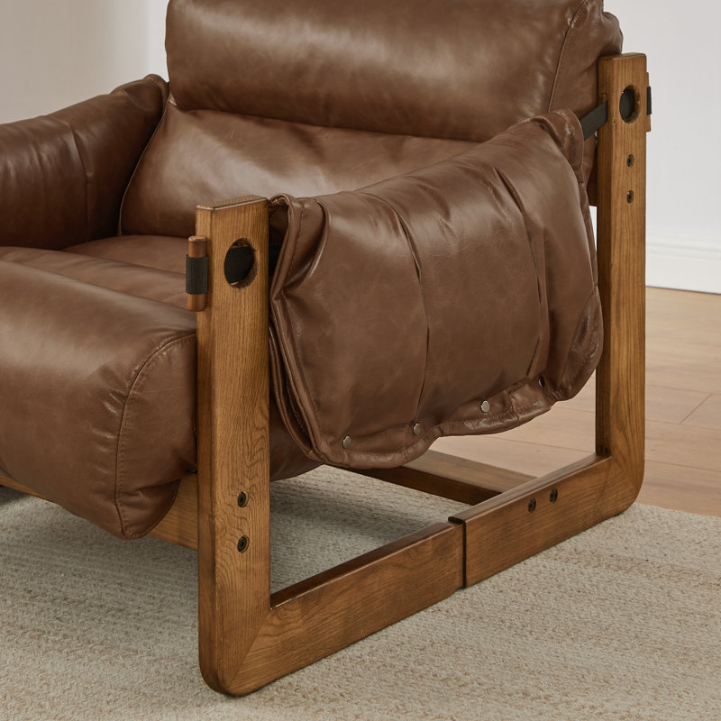Nora 37.40'' W Top-Grain Genuine Leather Accent Lounge Chair with Solid Ash Wood Frame, Chocolate