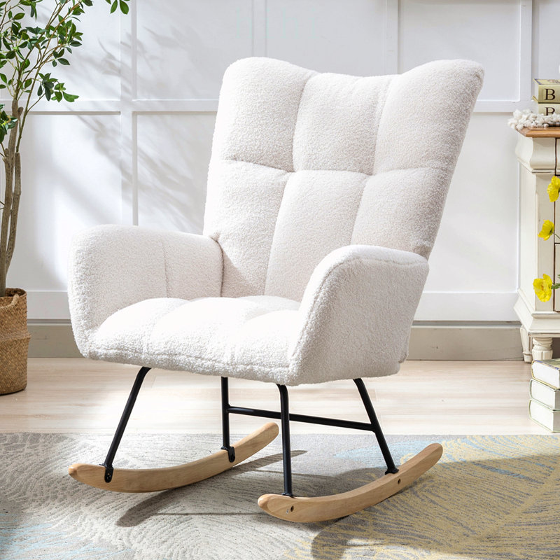 Fauteuil berçant à oreilles en tissu Teddy avec poche de rangement latérale, chaise berçante d'allaitement douce et confortable, base en bois massif robuste et sécuritaire, chaise d'appoint polyvalente pour chambre de bébé et salon, blanc