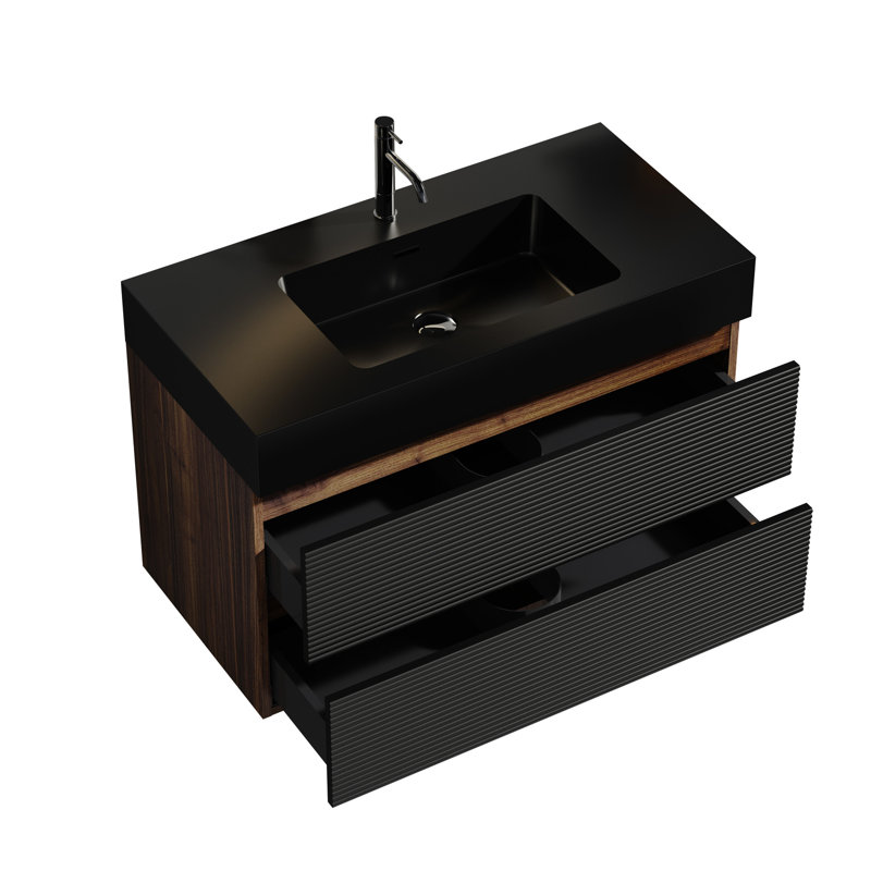 Meuble-lavabo mural avec tiroirs noirs doux et finition noyer, lavabo Grace