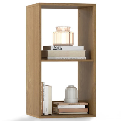Étagère en bois à 2 cubes avec barre de protection arrière, idéale pour le salon, la chambre et le bureau, brun pâle