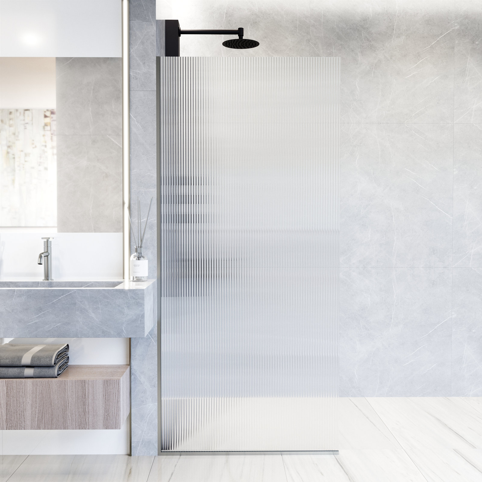 Zenith Frameless Fixed Shower Screen, Stainless Steel Fluted