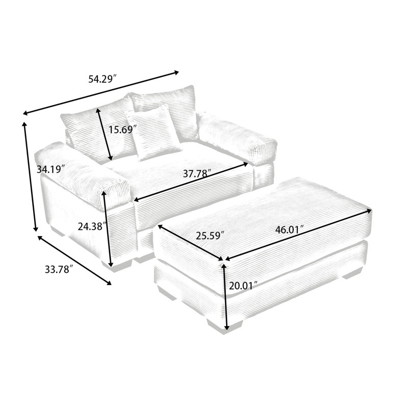 Ensemble de fauteuil surdimensionné en velours côtelé avec repose-pieds, 3 coussins décoratifs, accoudoirs souples et coussin à rebond élevé