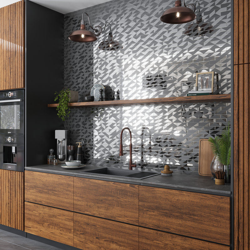 Carrelage mural en mosaïque géométrique 3D 12 x 12 po Mirari, Gris brillant