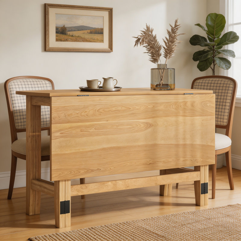 Table de salle à manger extensible en bois, d'inspiration champêtre, avec rallonge pliable, idéale pour les petites pièces et dotée d'une finition en bois naturel authentique.