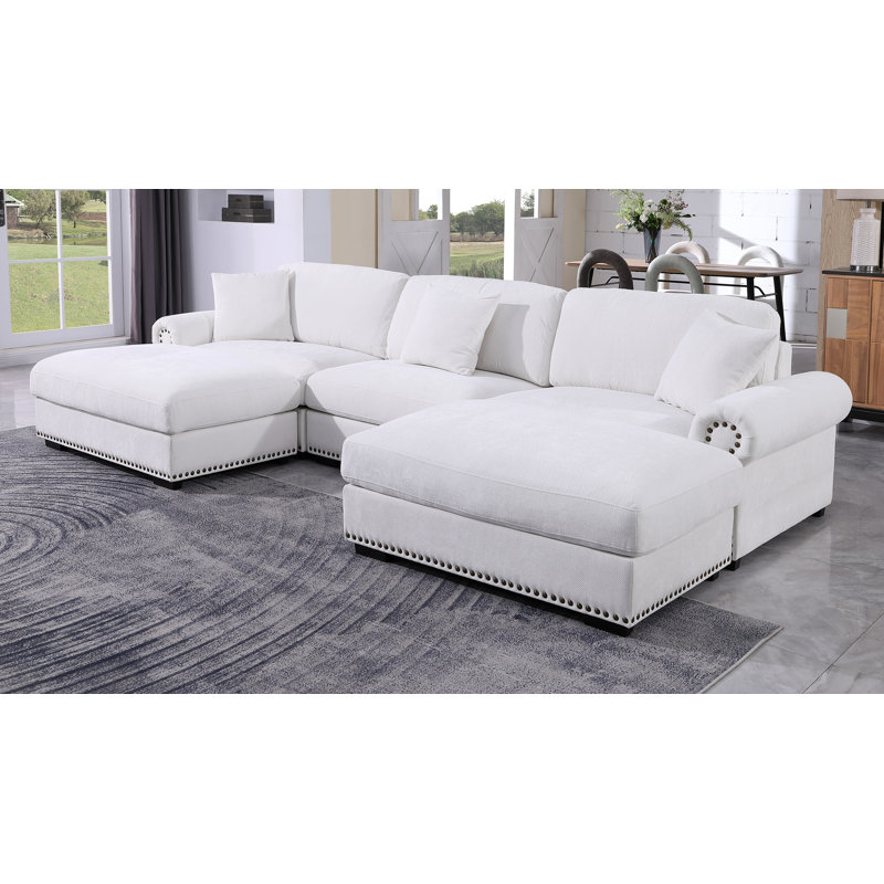 Upholstered 5 Seat U Shaped Sleeper Cloud Couch & Reversible Ottomans, White Chenille