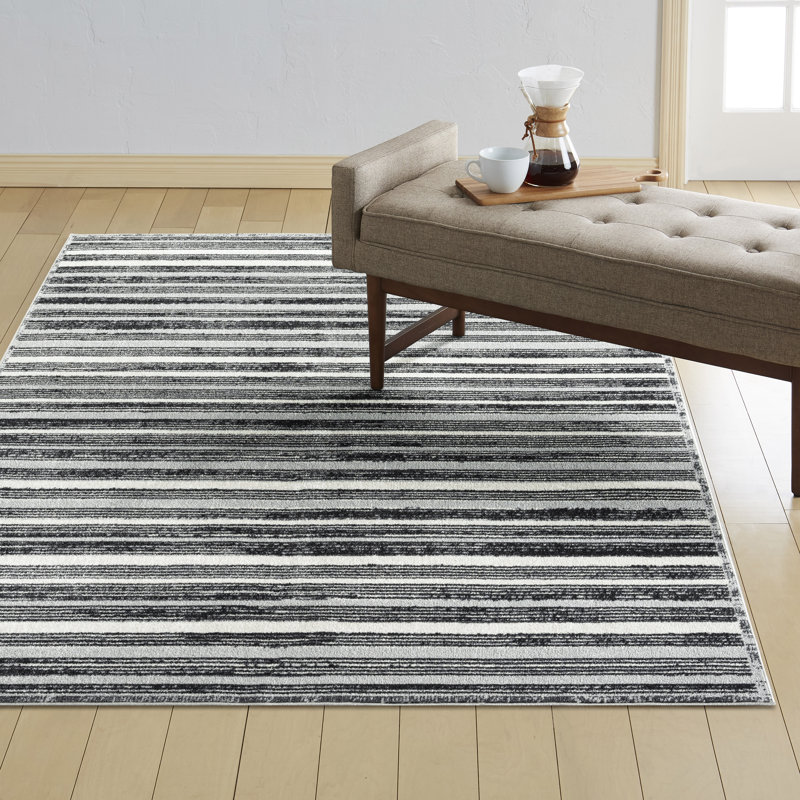 Amla Striped Machine Washable Area Rug in Light Gray/Black, Rectangle 5'2" x 7'2"