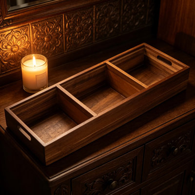 Acacia Wood Bathroom Basket, Toilet Tank Storage Box with 3 Compartments for Organizing Toilet Paper Rolls, Remote Controls, and Small Essentials, Nat