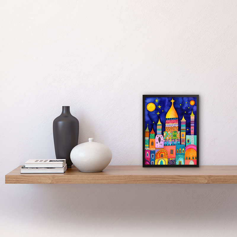 Islamic Cityscape Moonlight Mosque Folk Art Artwork Framed Wall Art Print 9X7 Inch
