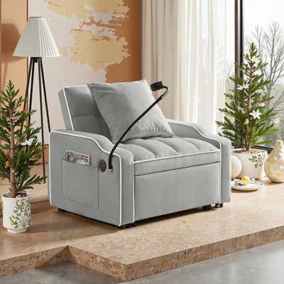 Canapé-lit convertible 3-en-1 en velours avec dossier réglable, support pour téléphone et ports USB UnaNoxa