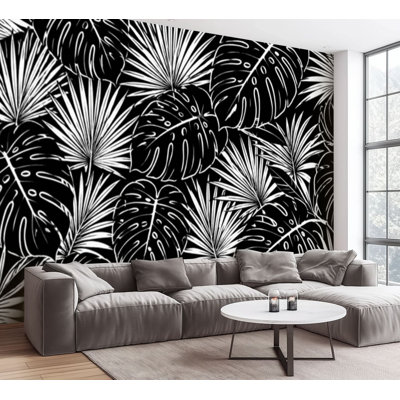 Papier peint adhésif mural blanc à motif de feuilles tropicales autocollantes, papier contact amovible pour salon, chambre à coucher H 100 po x l 144 po
