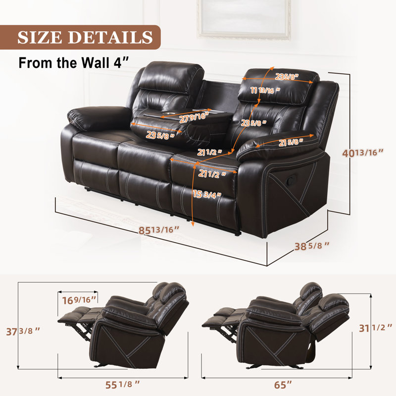 85.8" Faux Leather Reclining Sofa Breathable Leather Cushion Back Manual Reclining Sofa with Pillow Top Arm