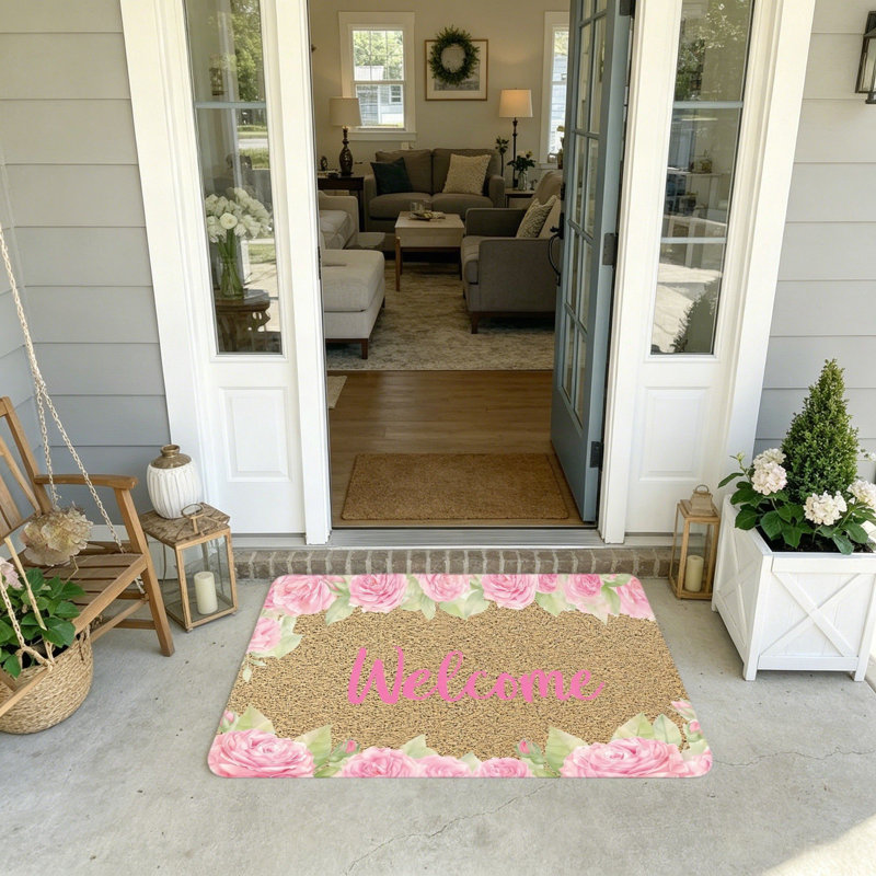 Paillasson de bienvenue Rose Rose 51 x 81 cm Texture Fibre de Coco Naturelle