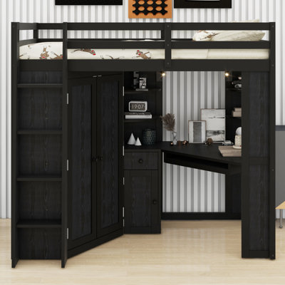 Lit mezzanine avec armoire de rangement intégrée, bureau et station de charge