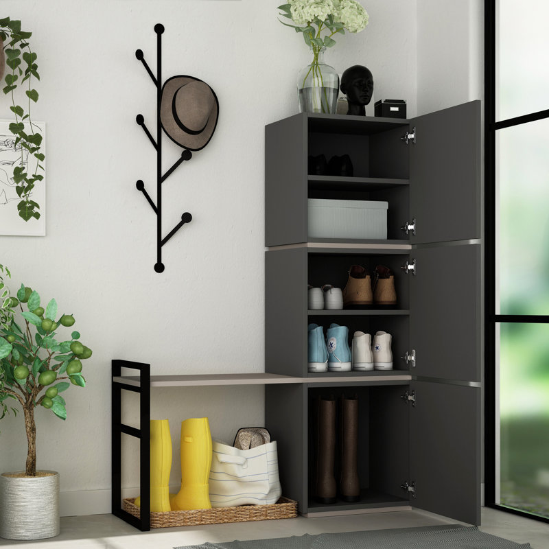 Modern Shoe Cabinet with Soft-Close Hinges, Anthracite & Light Brown, 42.9 x 58.7 x 15.4 inches | 100% Melamine Coated Particle Board, Numerous Shelves, Wall-Mountable Design | Stylish Storage Solution for Home Entryway
