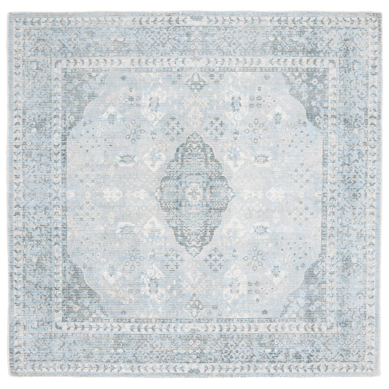 Tapis oriental gris / bleu clair en laine / viscose tissé à la main Panola, Carré 6 pi