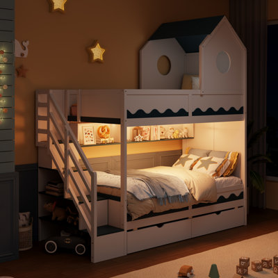 Lit superposé simple au-dessus de simple pour enfants avec escalier de rangement et DEL de style maison, blanc