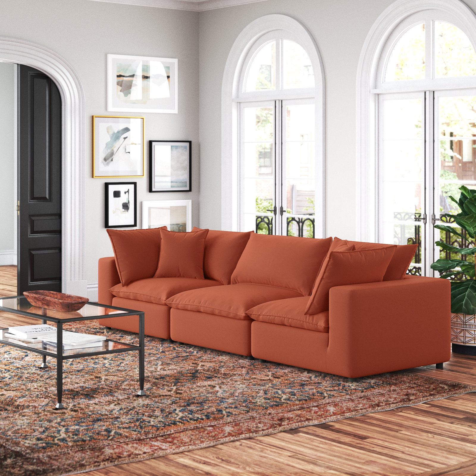 Ellaria 120" Modular Sofa, Red Polyester Blend