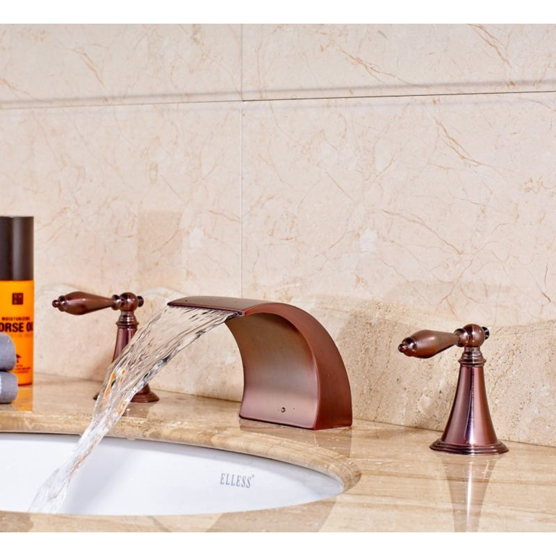 Juno Belem Copper Finish Dual Handle Widespread Waterfall Sink Faucet
