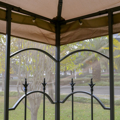 10' X 10' Patio Gazebo With Corner Frame Shelves, Double Roof Outdoor Gazebo Canopy Shelter With Netting, For Patio, Wedding, Catering & Events, Brown