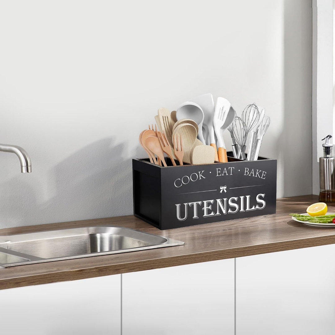 Extra Large Wooden Kitchen Utensils Holder with 4 Compartments Black
