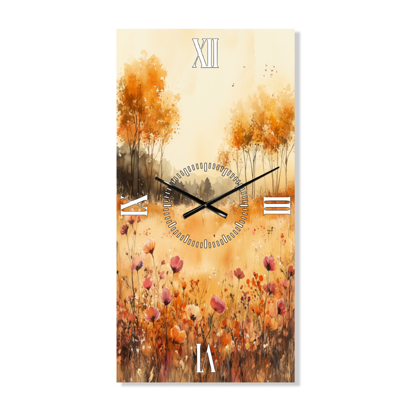 Horloge murale Cottage - Prairie de fleurs sauvages roses et jaunes à l'horizon, H 40 po x l 20 po - Rectangle
