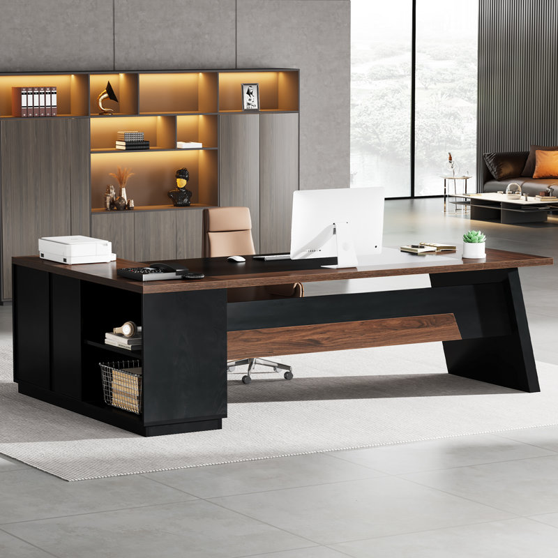 L-Shaped Executive Office Desk With Drawers, Walnut/Black