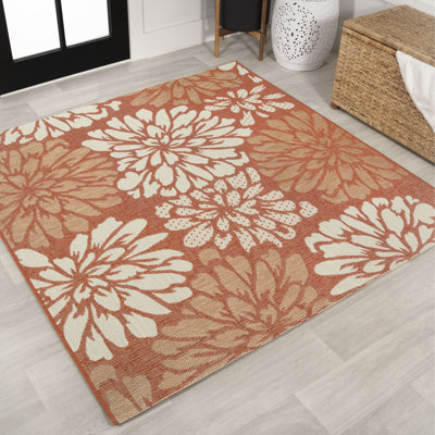 Zinnia Modern Floral Textured Weave Orange/Cream Indoor/Outdoor Rug