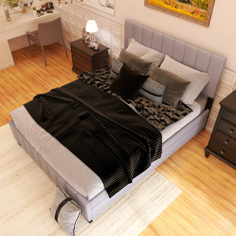 Grand lit plateforme tapissier à structure en bois avec 2 tiroirs et 1 lit gigogne simple TG, Gris