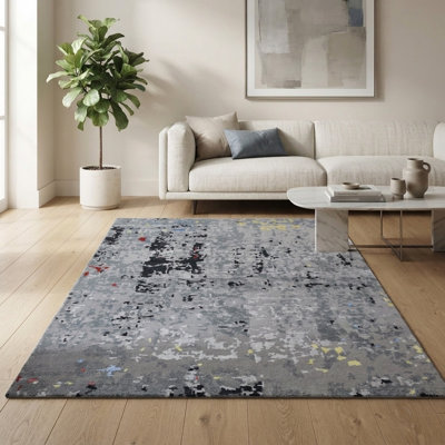 Hand Knotted Abstract Gray Silk & Wool Rectangle Indoor Area Rug