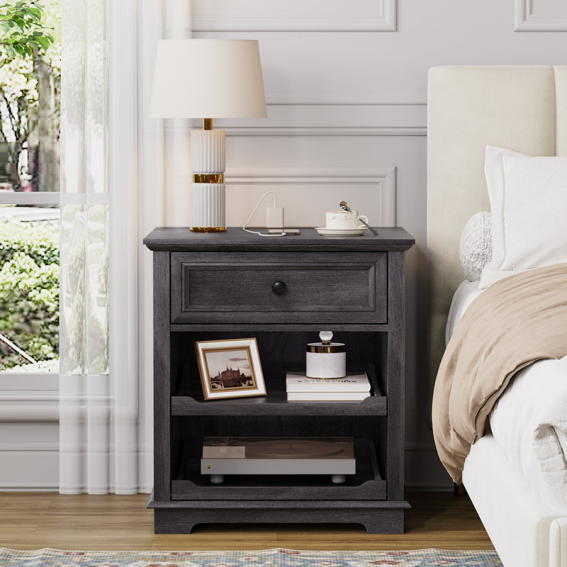  Tray Nightstands with Storage and Built-in Outlets for Bedroom,Living Room,Office,1 Drawer Bedside Table,Night Stands, Black