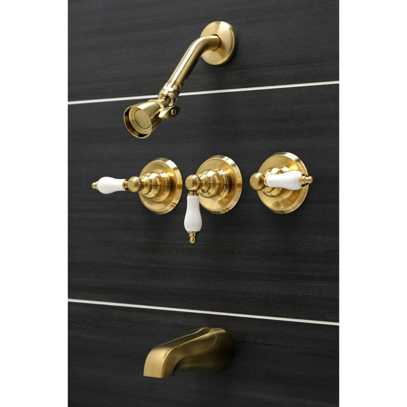 Kingston Brass Victorian Triple-Handle Tub and Shower Faucet, Brushed Brass