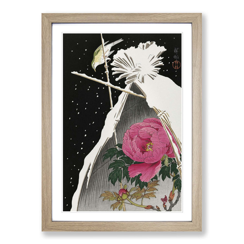 Siberian Bluechat Bird and Pink Peony by Ohara Koson - Picture Frame Painting Print, 36cm H x 27cm W x 2cm D, Oak Framed