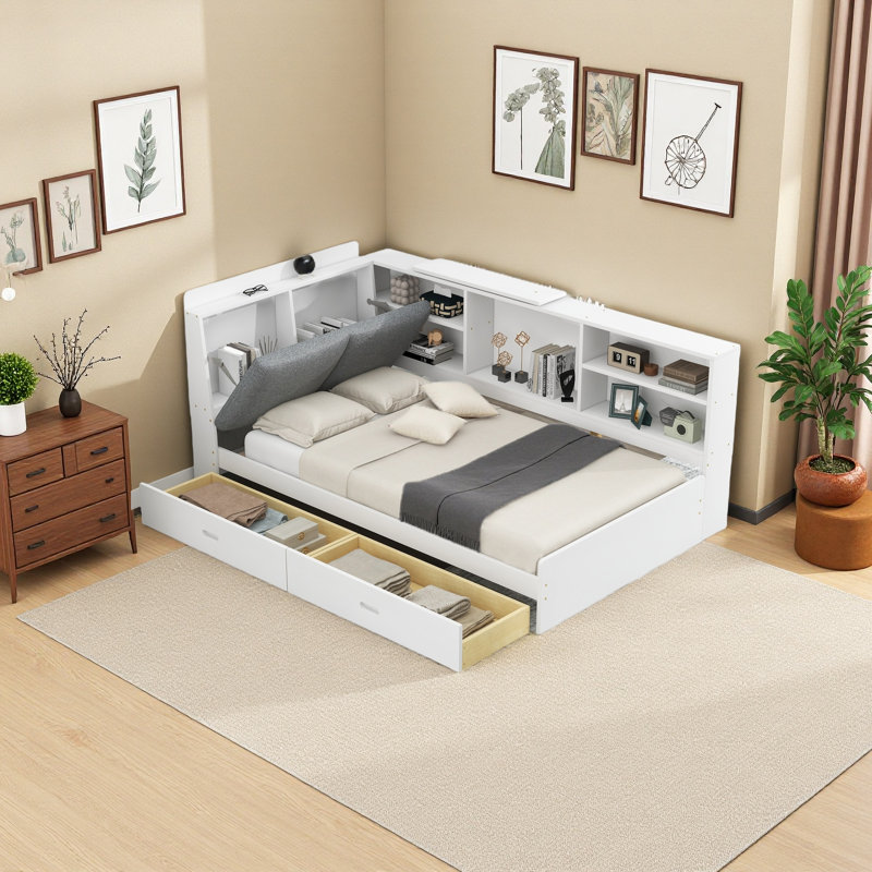 Lit plateforme en bois avec tête de lit, tablettes et 2 tiroirs, Blanc