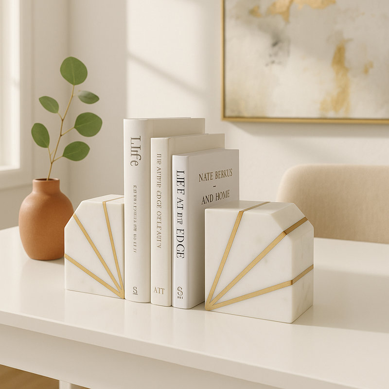 Modern Bookends Set with Marble and Brass Inlay for Home Decor, White