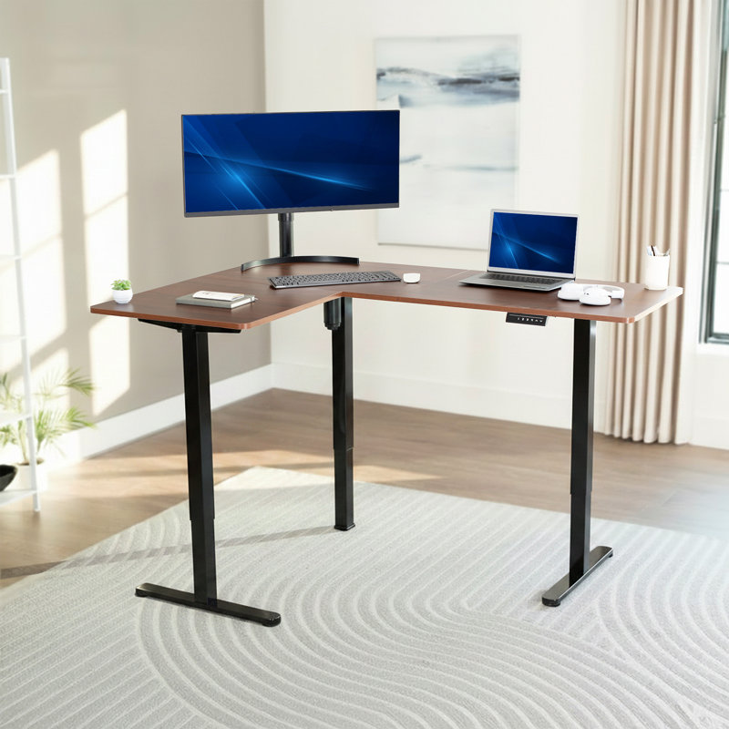 VIVO Electric Corner Desk, L-Shaped Workstation, 63" W x 47.3" D, Dark Walnut/Black