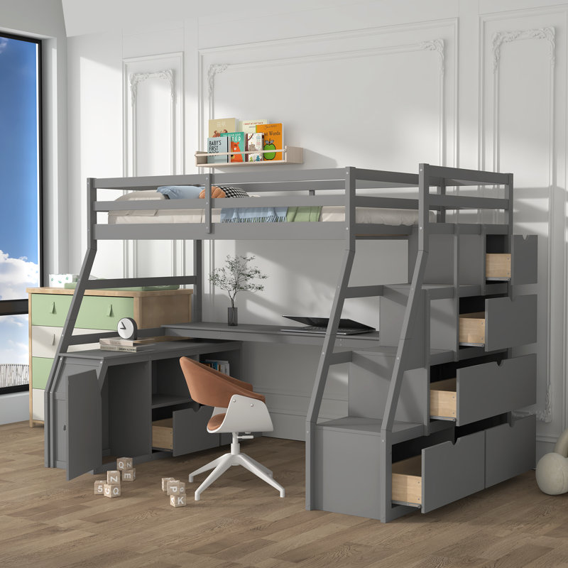 Glinnie Kids Twin Loft Bed with Drawers, Gray