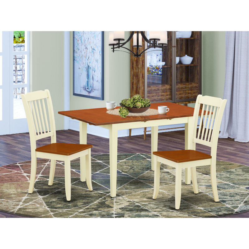 3 Piece Kitchen Table & Chairs Set Contains a Rectangle Dining Room Table with Butterfly Leaf and 2 Solid Wood Seat Chairs, Buttermilk & Cherry