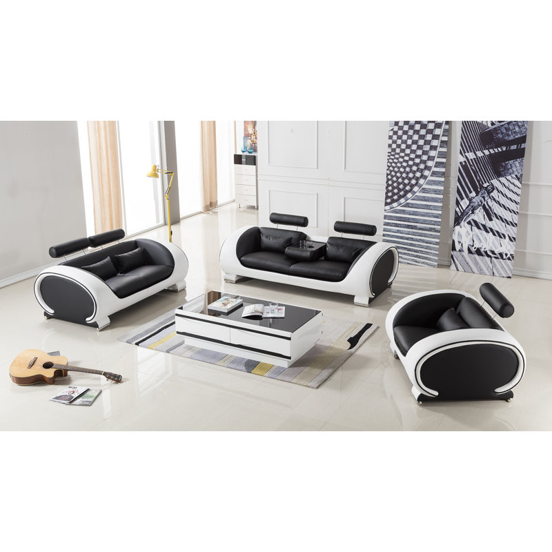 Ensemble de salon en similicuir 3 pièces Shryock, Noir / blanc