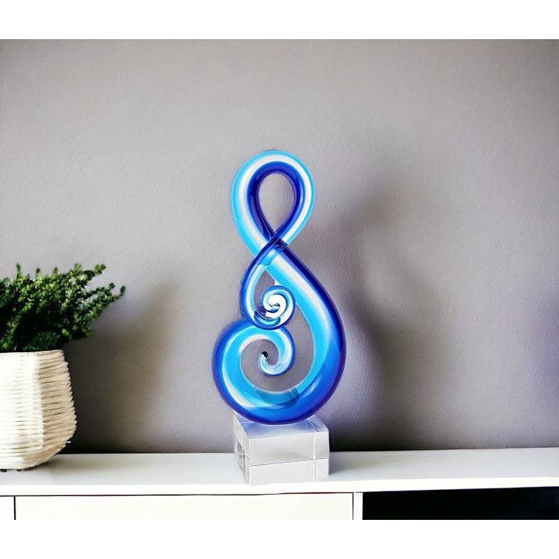 Aanijah 12" Murano Glass Modern Abstract Tabletop Sculpture, 12" H x 5" W x 5" D, Clear/Blue