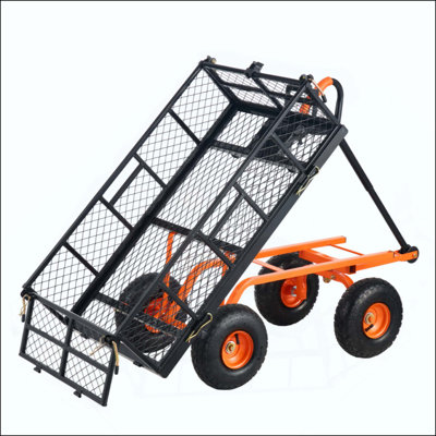 Dump Cart, Metal Garden Dump Cart With Easy To Assemble Frame, Dump Wagon With 2-In-1 Convertible Handle, Utility Wheelbarrow 400 Lbs Capacity