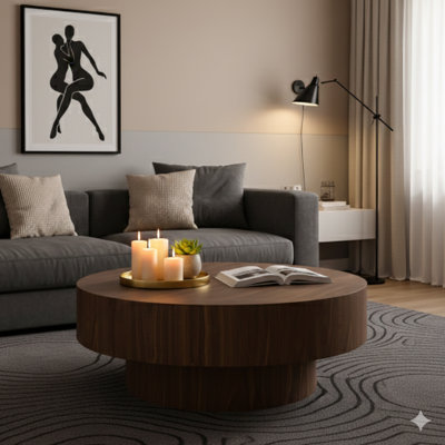 Table basse ronde en bois, 30,51 pouces de diamètre, finition noyer, convenant à la chambre à coucher, au salon et au bureau