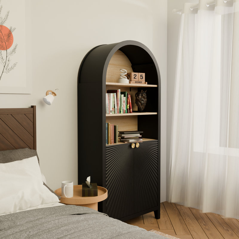 Bibliothèque de 61 po de hauteur de style Mid-Century moderne à 61 niveaux, 27,1 po de profondeur, 11,61 de largeur, trois tablettes spacieuses, bibliothèque avec porte, arche élégante, rangement pour objets antiques