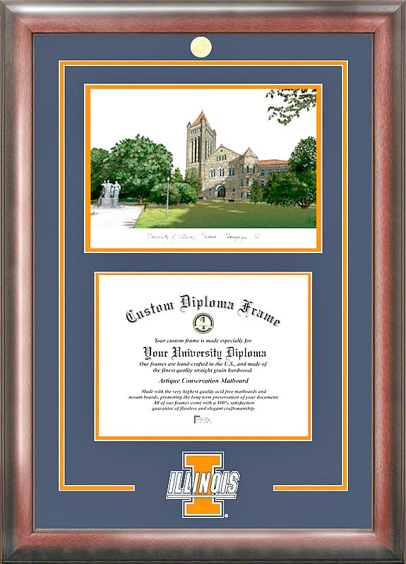 Cadre de lithographie à illini avec des images campus de l’illinois combat NCAA