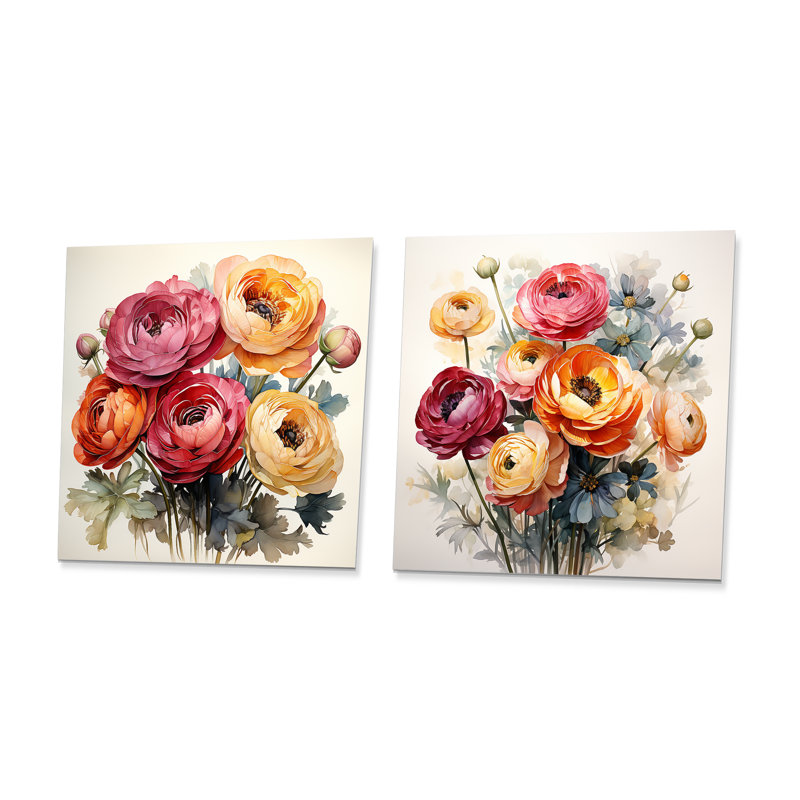 Colorful Ranunculus Elegance I - Ensemble de 2 décorations murales en métal Ranunculus, H 29 po x l 58 po
