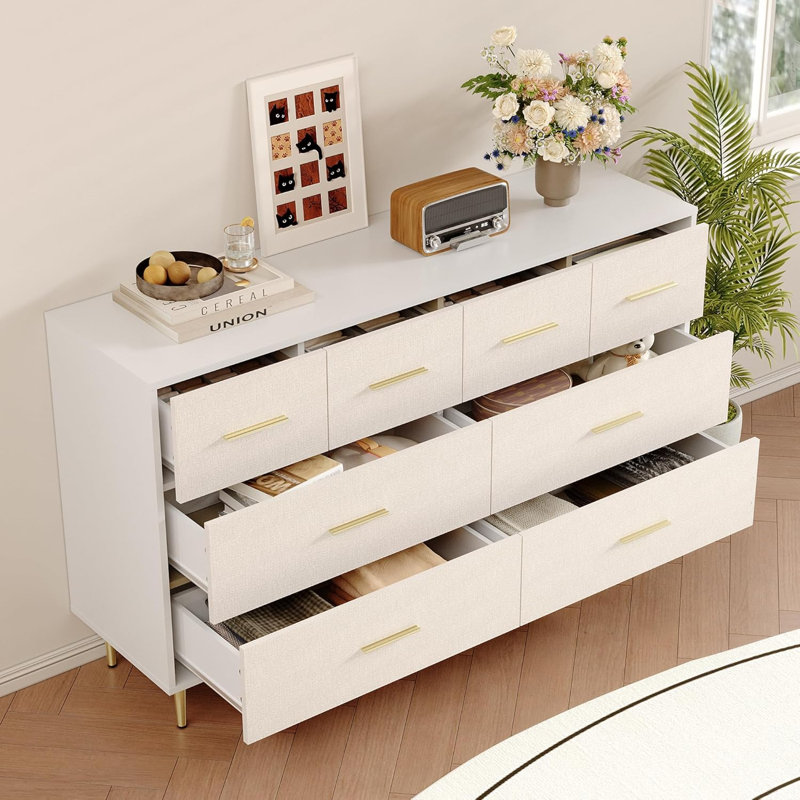 Commode blanche moderne, commode 8 tiroirs, commode en bois avec pieds en métal