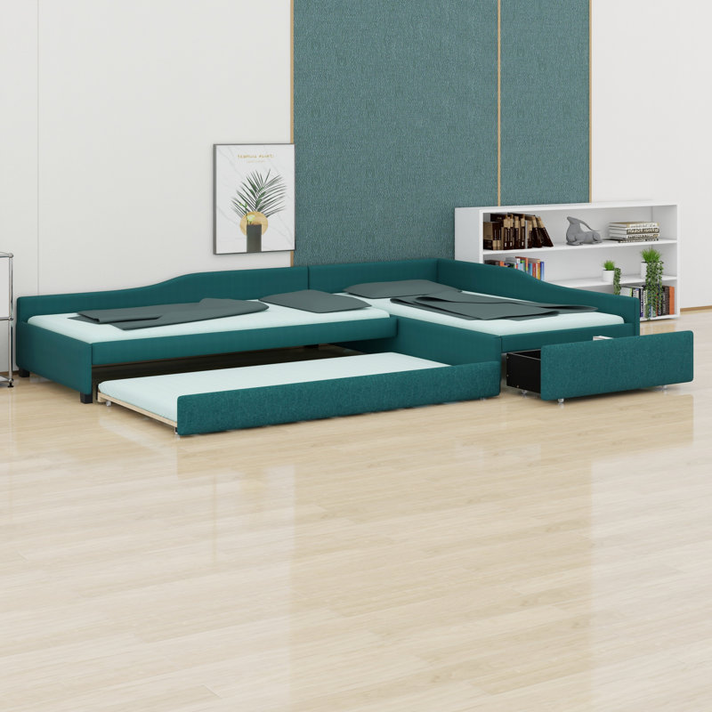 Upholstered Double Daybed With Trundle And Drawer, Green