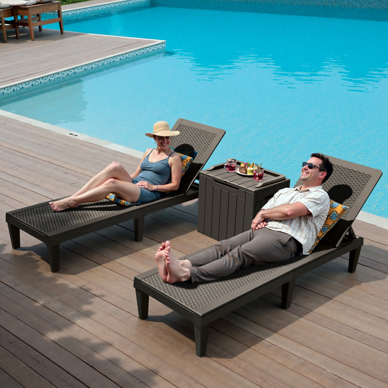 3-Piece Outdoor Chaise Lounge Recliner Chairs with Storage Table/Box, Brown